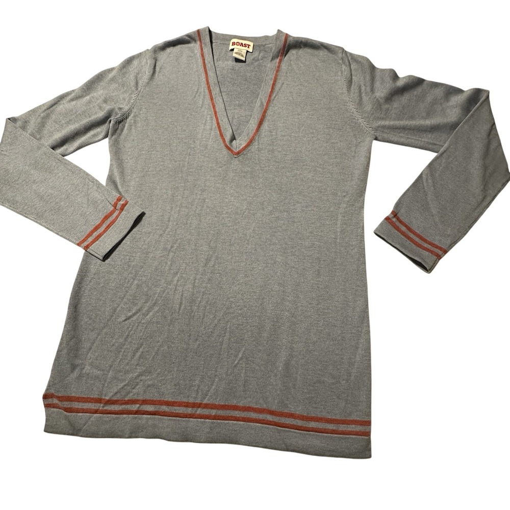 Boast Silk Cotton Cashmere V-Neck Sweater Blue Orange‎ Stripe Trim Mens Medium